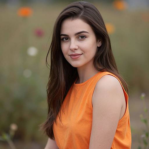 Photograph of a young woman with long dark brown hair, wearing an orange sleeveless top, smiling softly, standing in a blurred field with colorful flowers