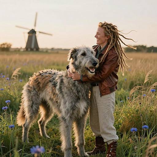 Person Embracing Irish Wolfhound in Prairie Grassland