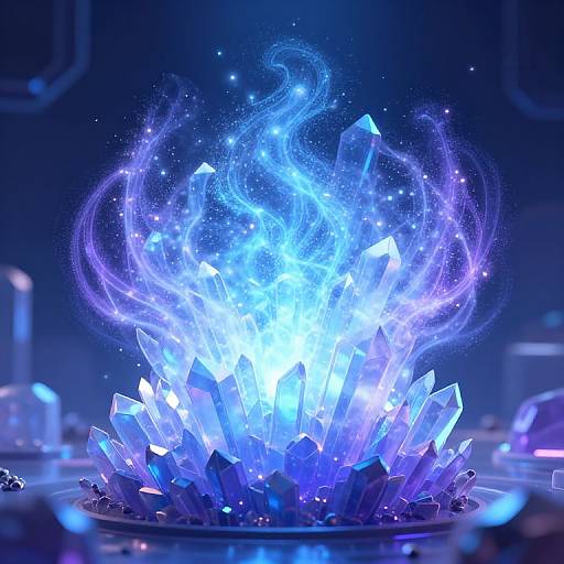 Photograph of a glowing, blue crystal cluster with ethereal, swirling light patterns and sparkling stars, set against a dark, futuristic background.