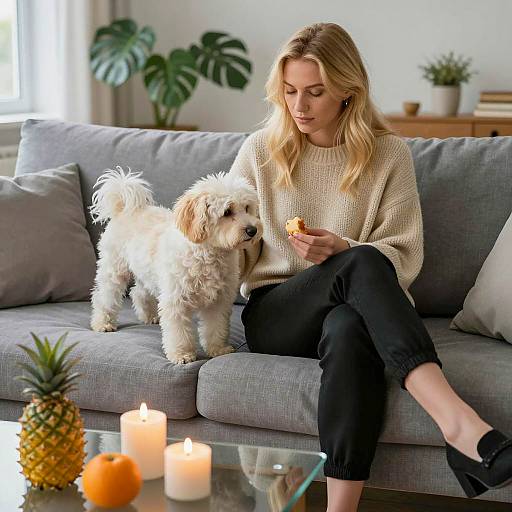 Blonde Woman and Fluffy Dog on Sofa