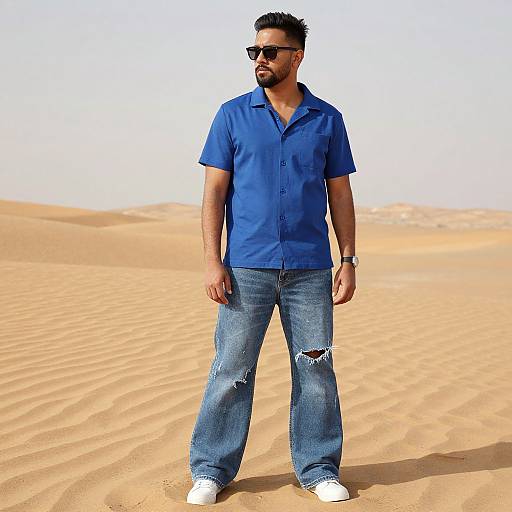 Photograph of a bearded man with dark hair, wearing sunglasses, blue shirt, ripped jeans, and white sneakers, standing in a sandy desert.