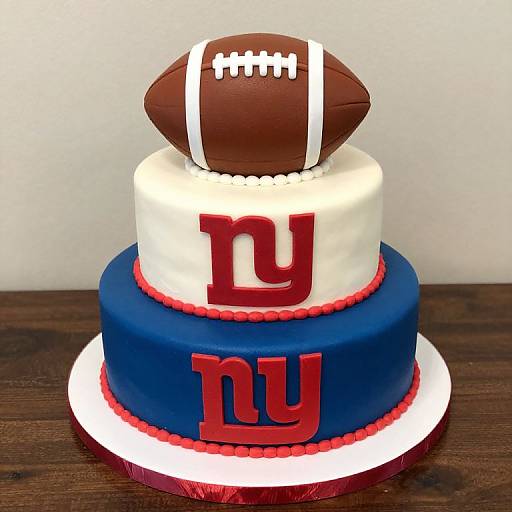 Photograph of a two-tiered cake with blue, white, and red layers; top tier has brown football with white stripes, bottom tier has 