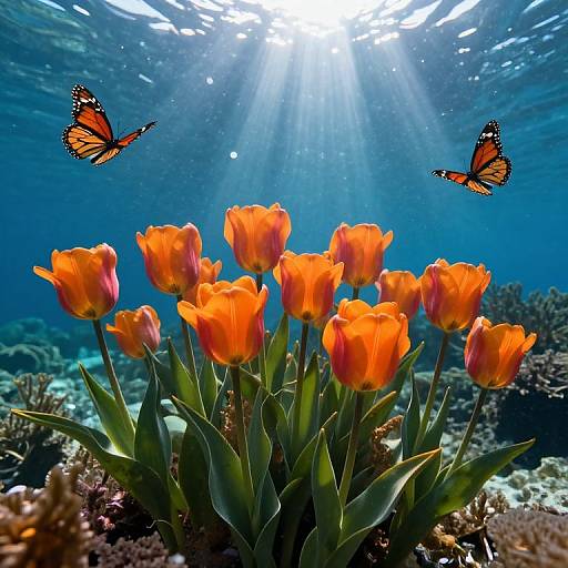 Underwater photograph of vibrant orange tulips surrounded by coral, with two orange and black monarch butterflies fluttering above, sunlight streaming from the surface.