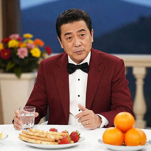 Elegant Man in Red Suit at Table