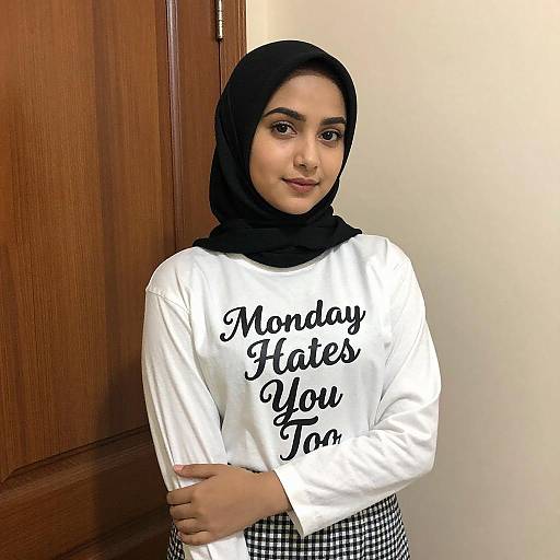 Photograph of a young woman with light brown skin, wearing a black hijab, white long-sleeve shirt with black cursive text, and