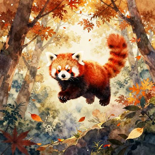 Digital painting of a red panda with vibrant red fur, black-and-white face, and bushy tail, leaping through a sunlit autumn forest with