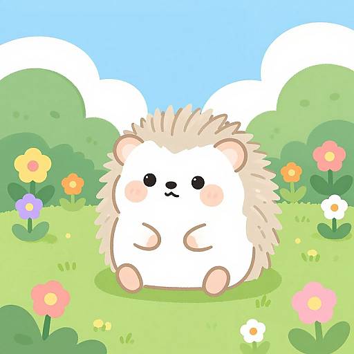 Cute digital drawing of a chubby, white, spiky hedgehog with blush cheeks, sitting in a colorful, flower-filled meadow under a blue