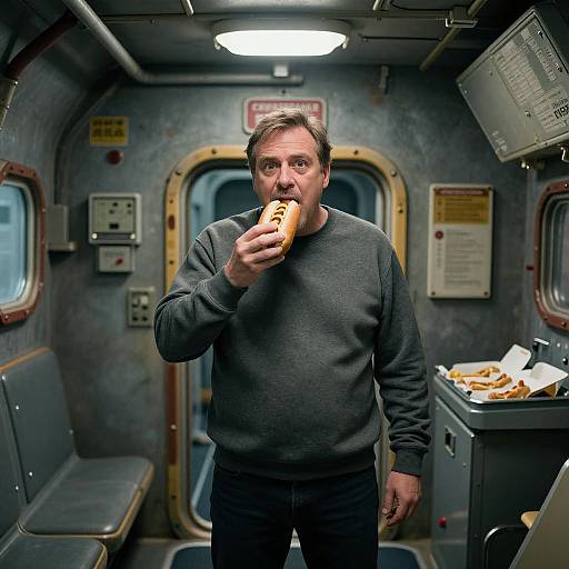 Photograph of a middle-aged man with short brown hair and beard, wearing a dark gray sweater, eating a hot dog inside a dimly lit,