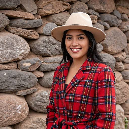 Photograph of a smiling woman with dark hair, wearing a white hat and red plaid blazer, standing in front of a rustic stone wall.