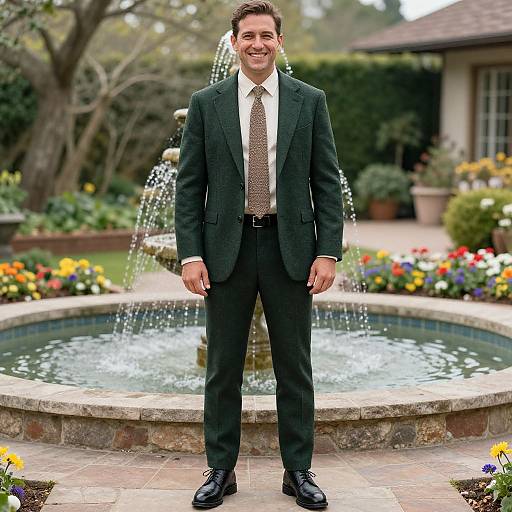 Man in Elegant Suit in Garden Courtyard