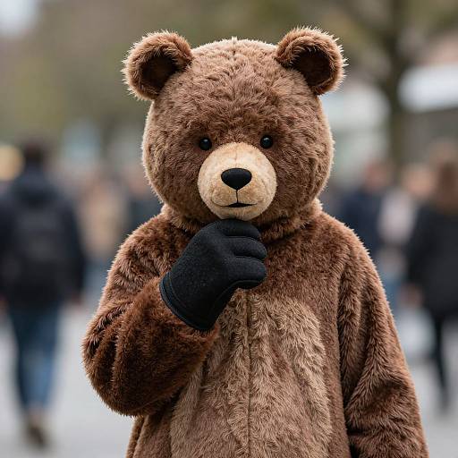 Photograph of a brown teddy bear mascot with black gloves, standing in a blurred urban park, surrounded by indistinct people.