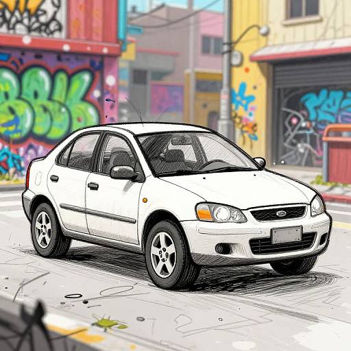 Colorful digital drawing of a white, compact sedan in a graffiti-covered urban street, with blurred background buildings and vibrant street art.