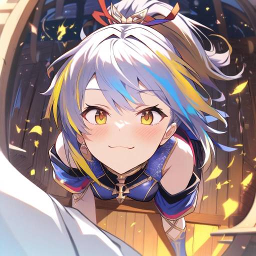 Anime Girl with Multicolored Hair Smiling Upwards