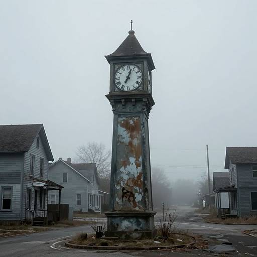 Photograph of a weathered, tall clock tower with a white face, standing in a foggy, small-town street with two gray houses.