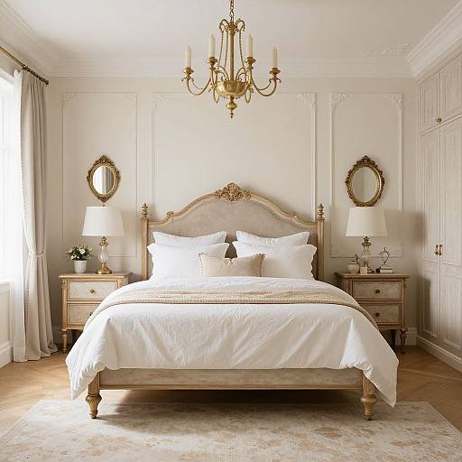 Elegant bedroom photograph: white bedding, ornate gold headboard, vintage wooden nightstands, gold chandelier, oval mirrors, soft natural light,