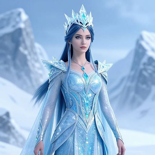Digital artwork of a blue-haired queen in an icy blue, ornate, silver gown and crown, standing against a snowy mountain backdrop.