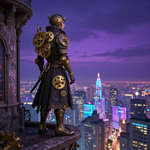 Medieval knight with golden gears on armor, standing on rooftop at sunset, gazes over neon-lit city skyline. Digital artwork.