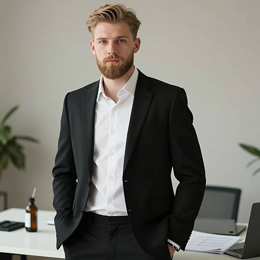 Photograph of a handsome, bearded man with light brown hair, wearing a black suit and white shirt, standing in a modern office with plants and