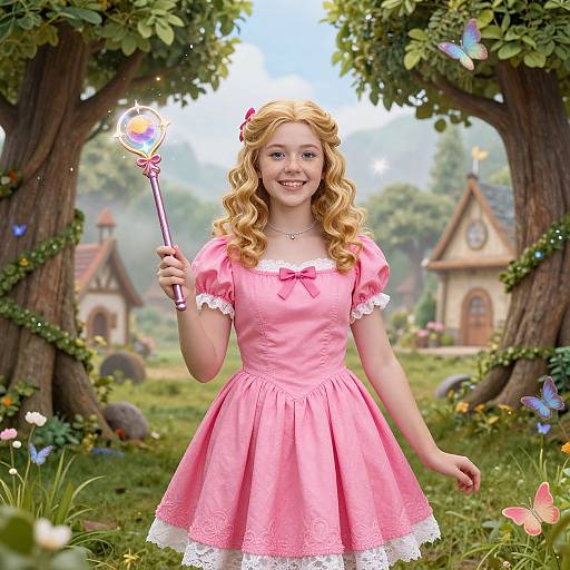 Photorealistic digital artwork of a smiling young girl with curly blonde hair in a pink dress holding a heart-shaped wand in a whimsical, fairy-t