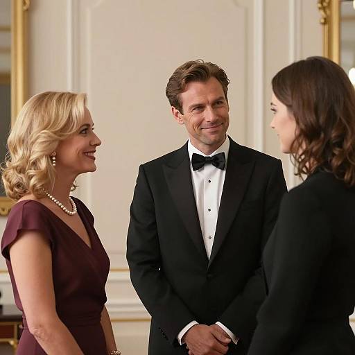 Three People Socializing in Formal Attire