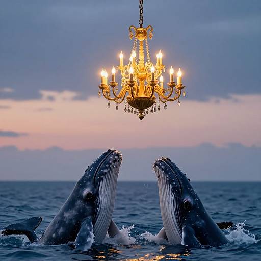 Photograph of two humpback whales surfacing in dark blue ocean water, beneath a glowing golden chandelier against a twilight sky.