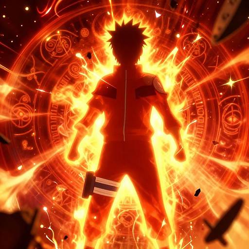 Silhouetted anime character with spiky hair, holding a gun, engulfed in fiery red and orange flames, standing before a glowing magical circle