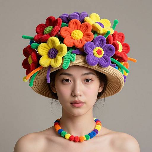 Photograph of an Asian woman with fair skin wearing a colorful, crochet flower hat and matching bead necklace against a gray background.