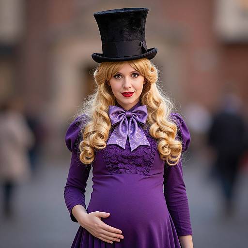Photograph of a pregnant woman with long blonde curls, wearing a purple dress, lavender lace bow, black top hat, red lipstick, standing outdoors with