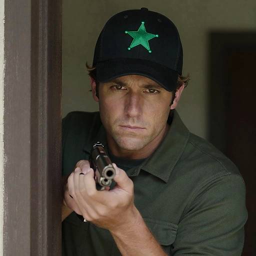 Man in Cap Peeking with Gun