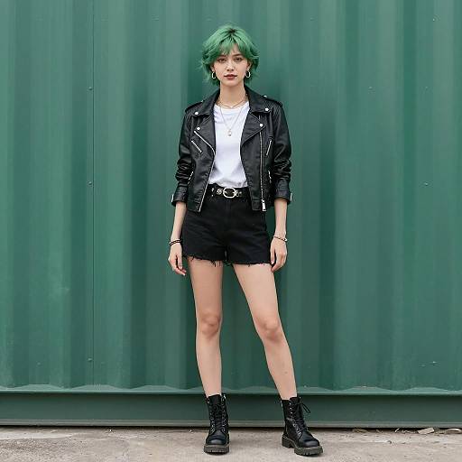 Young Woman with Green Hair in Leather Jacket