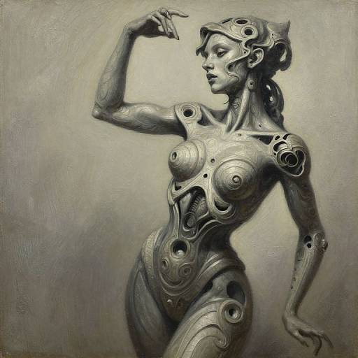 Photorealistic digital sculpture of a futuristic, metallic female figure with ornate, swirling designs, flexing arm, and helmet-like headpiece.