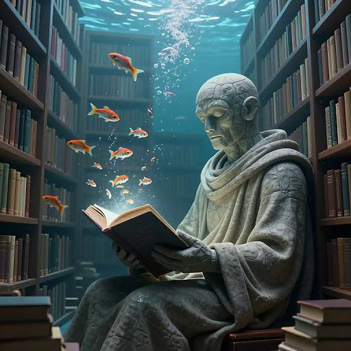 Photorealistic digital art: Stone statue of a scholar in a library, surrounded by glowing fish emerging from an open book.