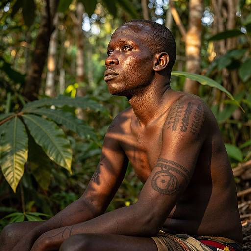 Photograph of a muscular, tattooed, dark-skinned man with short hair, sitting in a sunlit, dense tropical forest, wearing beige shorts