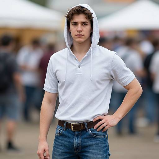 Photograph of a young Caucasian man with short brown hair, wearing a white polo shirt and jeans, standing confidently with hand on hip, hood up,