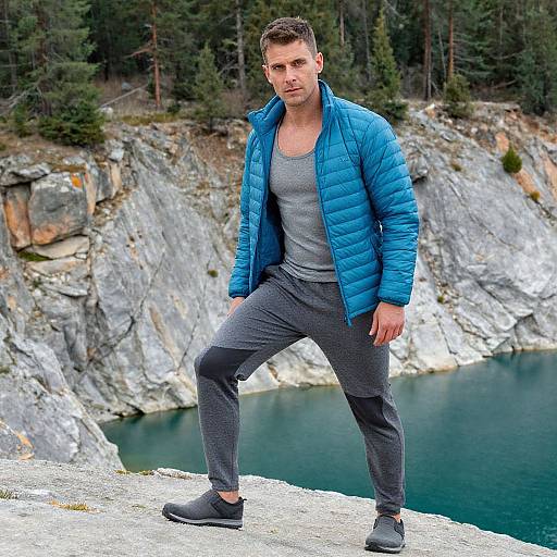 Photograph of a muscular man in a blue puffer jacket, gray shirt, and black pants, standing confidently on a rocky cliff overlooking a calm lake
