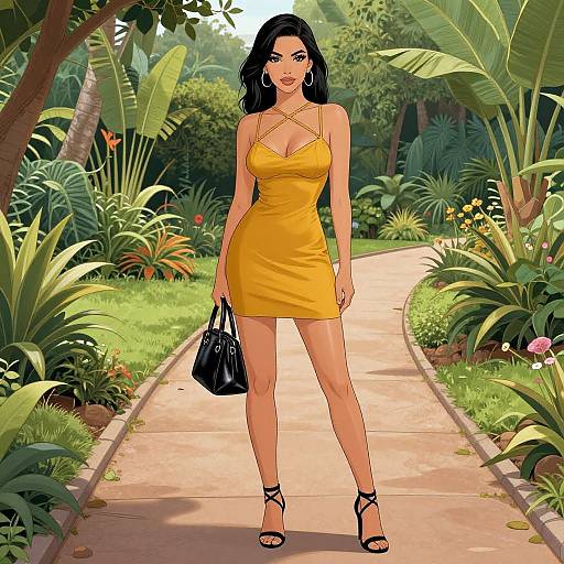 Digital illustration of a curvy woman with long black hair in a yellow, criss-cross strap dress, holding a black bag, standing on a garden