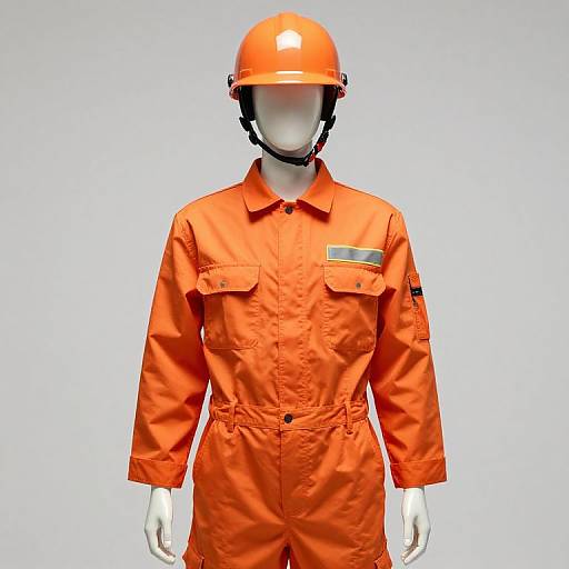 Photograph of a faceless mannequin in bright orange prison uniform with long sleeves, orange hard hat, and black neck strap, standing against a