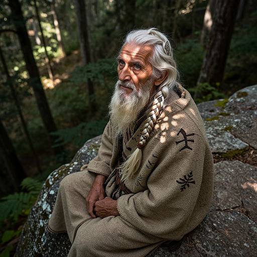 Photograph of an elderly white man with long white beard and hair, wearing a beige, patterned robe, sitting on a forest rock, dapp