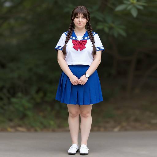 Photograph of a young Asian girl with long black braids, wearing a white sailor top with blue stripes, red bow, and blue pleated skirt