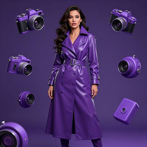 Photograph of a long-haired woman in a shiny purple trench coat, surrounded by floating purple vintage cameras, against a purple background.