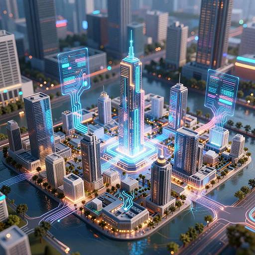 Digital CGI cityscape at night, featuring glowing neon skyscrapers with blue and white lights, illuminated streets, and a reflective waterway.