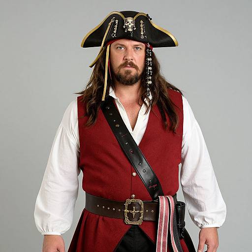 Photograph of a bearded man with long brown hair, dressed as a pirate in a black tricorn hat, white shirt, red vest, black