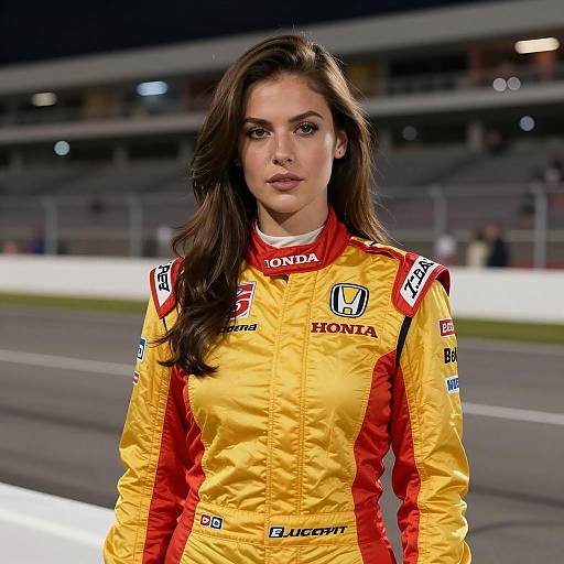 Female NASCAR Driver in Yellow and Red Racing Suit