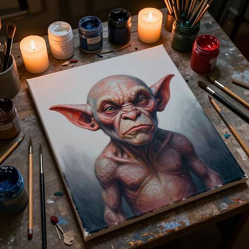 Photograph of a detailed, realistic painting of a grumpy, bald-headed goblin with large ears, lit by candles on a cluttered artist's
