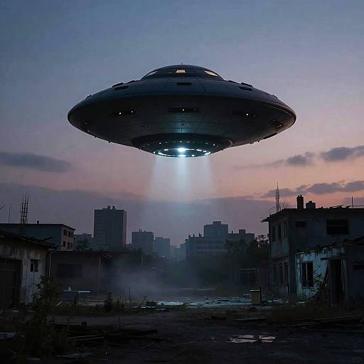 Cigar UFO Over Abandoned City Twilight