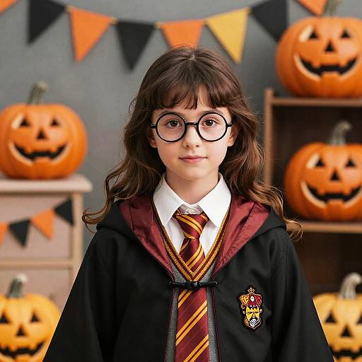 Girl in Harry Potter Costume with Halloween Decorations