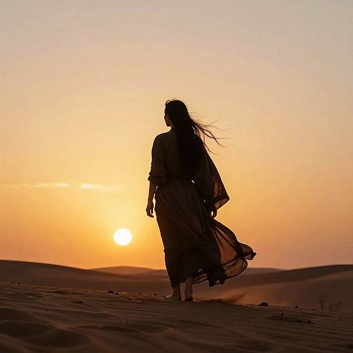Silhouetted Robed Figure at Fiery Desert Sunset
