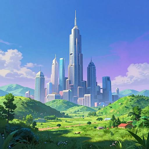 Digital illustration of a futuristic city skyline with towering skyscrapers, surrounded by lush green hills, vibrant blue sky, and scattered clouds.