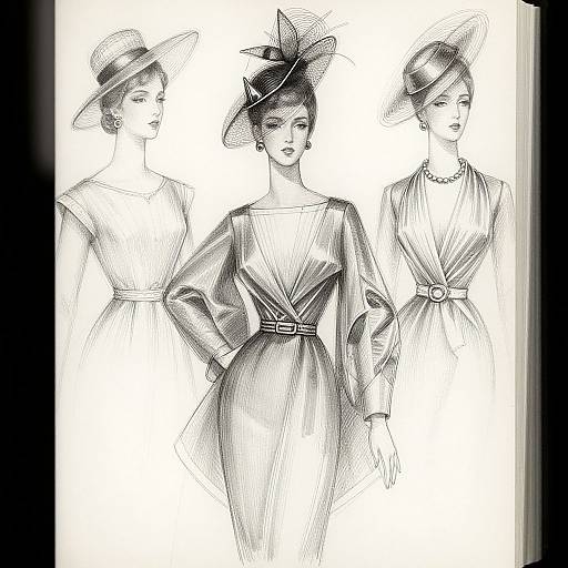 Black-and-white sketch of three elegant women in vintage dresses and hats, with one central figure standing confidently, hands on hips.