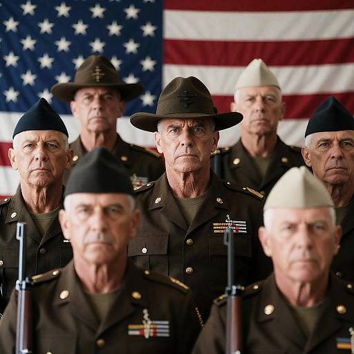 Group of Older Military Officers with American Flag